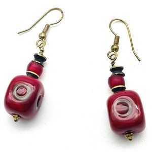 Red Glass Cube Dangle Earrings Brass Tone Boho Festival Party Hippie Artsy